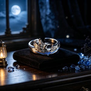 May include: A silver open-band ring featuring a central crescent moon motif flanked by detailed wings, with a thin blue enamel accent line running along the band. The ring is polished and metallic, showcasing intricate engravings on the wing surfaces.