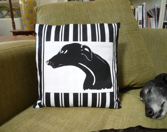 Black Greyhound Cushion - hand pulled screen print panel on a black butcher stripe ground