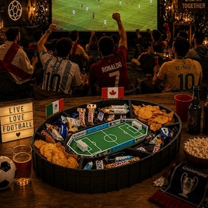 May include: A stadium-shaped snack serving tray featuring a central miniature football pitch, divided compartments filled with various chocolate bars and crisps, and small flags. A light box displays the text LIVE LOVE FOOTBALL with a heart icon.
