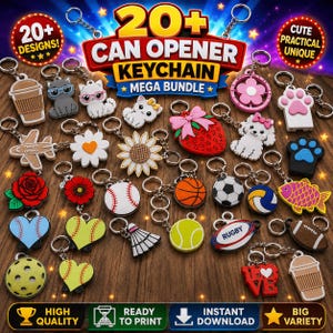 May include: A collection of over 20 colourful can opener keychains featuring diverse designs including animals, sports balls, flowers, food items, and hearts. Each keychain includes a metal ring and a durable, shaped charm with a functional opener.