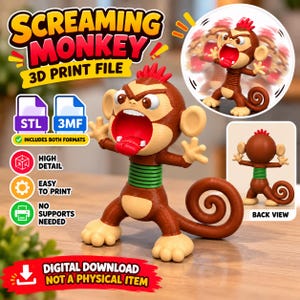 May include: A 3D print file for a brown and tan monkey figure with a red mohawk, green spring-like torso, and open mouth. The digital download includes STL and 3MF formats, featuring high detail, easy printing, and no supports needed.