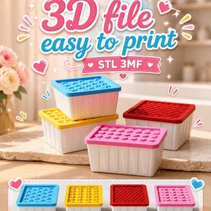 May include: Four rectangular white storage containers with lids in blue, yellow, red, and pink. The lids feature textured geometric patterns. Text reads 3D file easy to print STL 3MF. The containers are shown in a group and in a separate row.