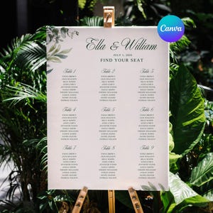 May include: A white wedding seating chart sign featuring the text Ella & William, July 1, 2026, and Find Your Seat. The sign lists nine tables with names printed in black serif font, decorated with green watercolor eucalyptus leaf illustrations.