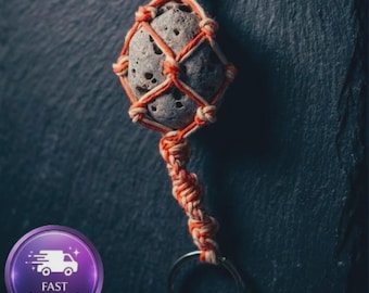 Handmade Hag Stone Keychain, Celtic Protection Talisman, Red White Macrame Cord