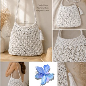 Può includere: Una borsa a tracolla in macramè bianco con un motivo a nodi a forma di stella, una lunga tracolla e una nappa laterale. La borsa presenta dimensioni di 30 cm per la base, 15 cm per l'apertura e 28 cm per la lunghezza, con una trama intrecciata.