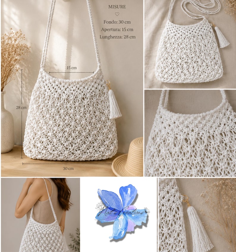 K&ouml;nnte beinhalten: Eine wei&szlig;e Makramee-Umh&auml;ngetasche mit sternf&ouml;rmigem Knotenmuster, langem Riemen und seitlicher Quaste. Die Tasche hat Ma&szlig;e von 30 cm am Boden, 15 cm an der &Ouml;ffnung und 28 cm in der L&auml;nge. Das Design zeichnet sich durch eine feine Webstruktur aus.