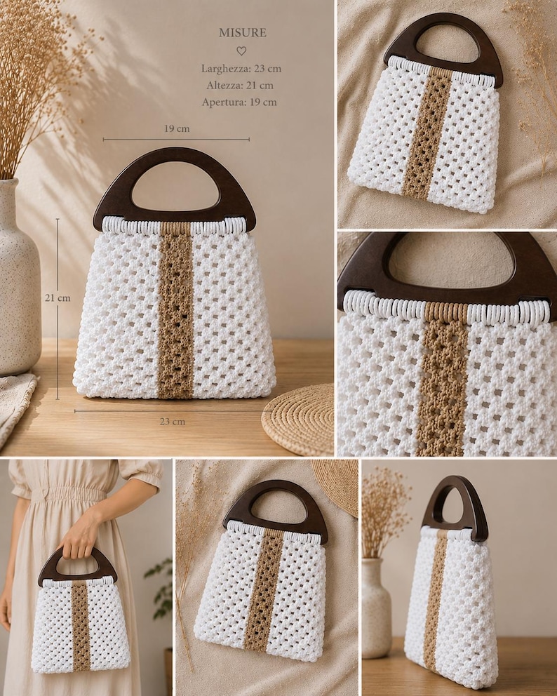 Puede incluir: Un bolso de macram&eacute; con cord&oacute;n anudado en blanco y beige y un asa semicircular de madera marr&oacute;n oscuro. El bolso mide 23 cm de ancho, 21 cm de alto y tiene una abertura de 19 cm. El dise&ntilde;o presenta una franja vertical beige en el centro.
