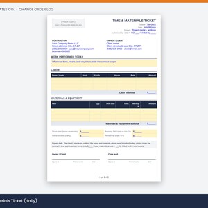 May include: A white Time & Materials Ticket form with dark blue text and headers. The document includes sections for contractor and client information, work performed, labor details, and materials and equipment, with yellow fillable fields.