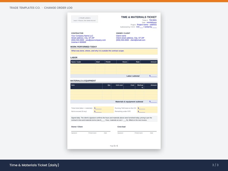 May include: A white Time & Materials Ticket form with dark blue text and headers. The document includes sections for contractor and client information, work performed, labor details, and materials and equipment, with yellow fillable fields.