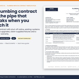May include: A digital plumbing services contract template pack featuring a document preview with sections for contractor and client details, scope of work, and materials. Includes text for Word, Google Docs, and PDF formats with an instant download label.