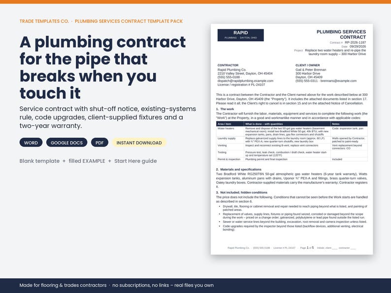 May include: A digital plumbing services contract template pack featuring a document preview with sections for contractor and client details, scope of work, and materials. Includes text for Word, Google Docs, and PDF formats with an instant download label.