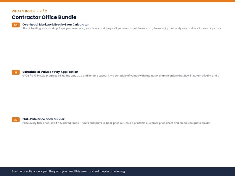 May include: A digital document titled Contractor Office Bundle listing three tools: Overhead, Markup & Break-Even Calculator, Schedule of Values + Pay Application, and Flat-Rate Price Book Builder, with numbered orange icons for each item.