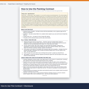 May include: A white document titled How to Use the Painting Contract from Trade Templates Co. The page contains a legal disclosure box, a list of included items, and five numbered instructions for filling out the contract and checking state laws.