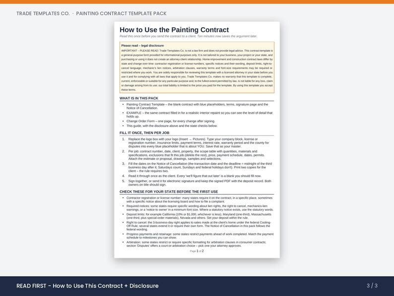 May include: A white document titled How to Use the Painting Contract from Trade Templates Co. The page contains a legal disclosure box, a list of included items, and five numbered instructions for filling out the contract and checking state laws.