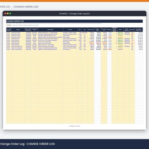 May include: A digital spreadsheet titled Change Order Log displayed in a window with a dark header. The table features columns for project details, descriptions, quantities, unit costs, pricing, margins, and approval status with rows of data.