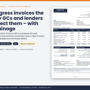 May include: A digital contractor invoice template featuring a progress billing schedule of values, contract summary, and payment details. The document includes sections for work items, retainage, and totals, presented in a clean, professional layout.