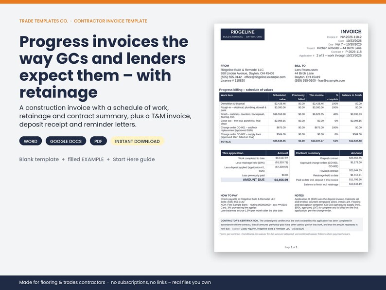 May include: A digital contractor invoice template featuring a progress billing schedule of values, contract summary, and payment details. The document includes sections for work items, retainage, and totals, presented in a clean, professional layout.