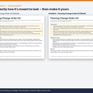 May include: A digital document titled Flooring Change Order Kit displayed in two versions, blank and filled. The white pages feature black text, bulleted lists, and a light tan box containing instructions on how to manage flooring project changes.