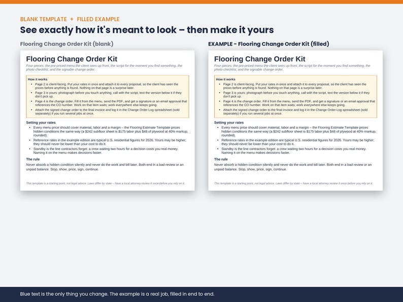 May include: A digital document titled Flooring Change Order Kit displayed in two versions, blank and filled. The white pages feature black text, bulleted lists, and a light tan box containing instructions on how to manage flooring project changes.