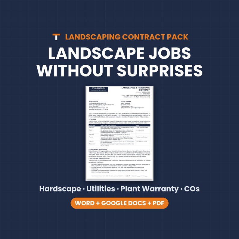 Landscaping & Hardscape Contract Template Pack for Word, Google Docs and PDF: Hardscape, Utilities, Plant Warranty, COs. Instant digital download from Trade Templates Co.