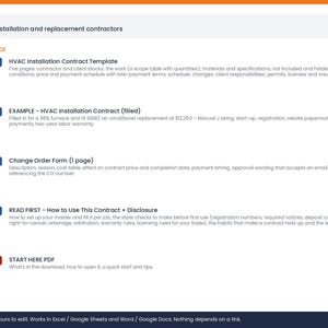 May include: A digital document bundle for HVAC installation and replacement contractors. Includes a five-page HVAC Installation Contract Template, a filled example contract, a Change Order Form, a How to Use This Contract guide, and a Start Here PDF.