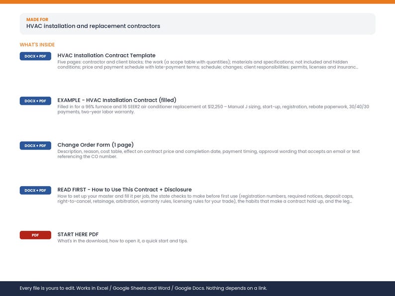 May include: A digital document bundle for HVAC installation and replacement contractors. Includes a five-page HVAC Installation Contract Template, a filled example contract, a Change Order Form, a How to Use This Contract guide, and a Start Here PDF.