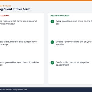 May include: A Flooring Client Intake Form document featuring two columns. The left side, titled SOUNDS FAMILIAR?, lists three common business challenges with red X icons. The right side, titled WHAT THIS PACK FIXES, lists three solutions with green checkmark icons.