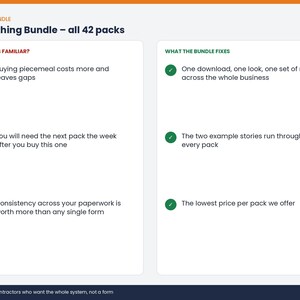 May include: An informational graphic titled Everything Bundle &ndash; all 42 packs. The left column, Sounds Familiar?, lists three points with red X icons regarding piecemeal costs and gaps. The right column, What the Bundle Fixes, lists three points with green check icons regarding downloads, stories, and pricing.