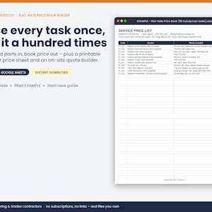 May include: A digital flat-rate price book builder template for Excel and Google Sheets. The interface displays text including Price every task once, sell it a hundred times, and a service price list table with columns for code, service, and price.