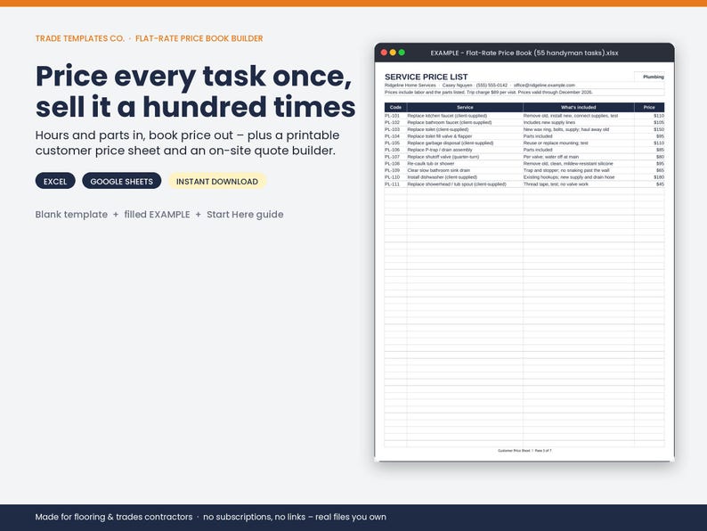 May include: A digital flat-rate price book builder template for Excel and Google Sheets. The interface displays text including Price every task once, sell it a hundred times, and a service price list table with columns for code, service, and price.