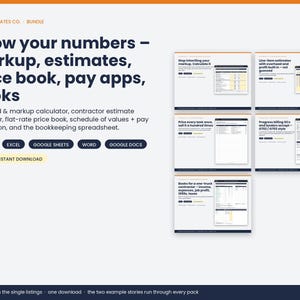 May include: A digital bundle of business templates titled Know your numbers &ndash; markup, estimates, price book, pay apps, books. It includes five spreadsheet and document packs for contractors, compatible with Excel, Google Sheets, Word, Google Docs, and PDF.