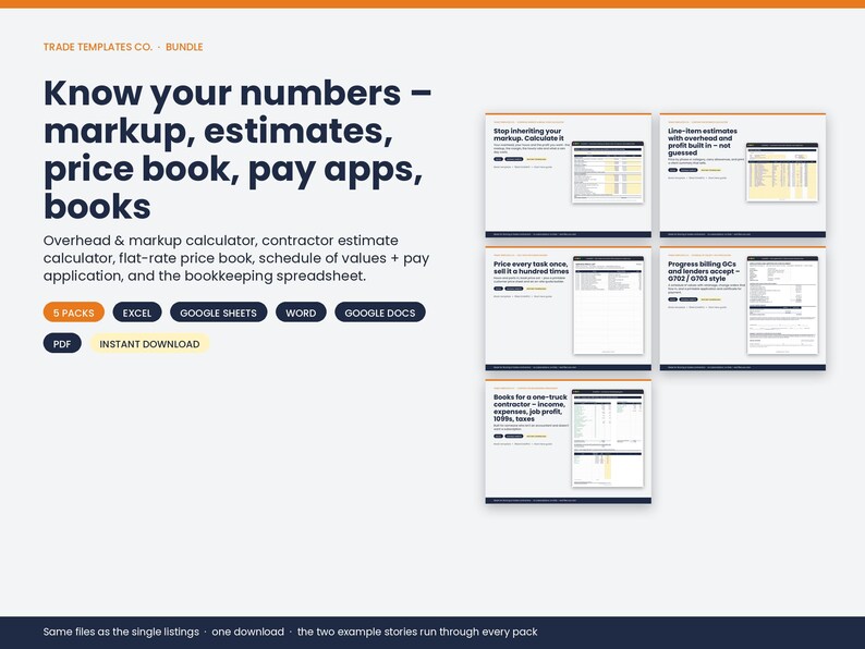 May include: A digital bundle of business templates titled Know your numbers &ndash; markup, estimates, price book, pay apps, books. It includes five spreadsheet and document packs for contractors, compatible with Excel, Google Sheets, Word, Google Docs, and PDF.
