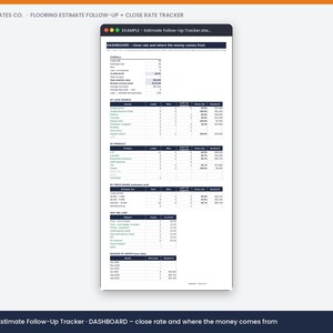 May include: A digital spreadsheet template titled Trade Templates Co. Flooring Estimate Follow-Up + Close Rate Tracker. The dashboard displays data tables for lead sources, products, price ranges, lost reasons, and monthly bookings in a clean layout.