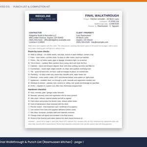 May include: A white document titled Final Walkthrough for a kitchen remodel by Ridgeline Build & Remodel LLC. It includes contractor and client contact details, a room-by-room checklist for paint, floors, and cabinets, and a handover checklist.