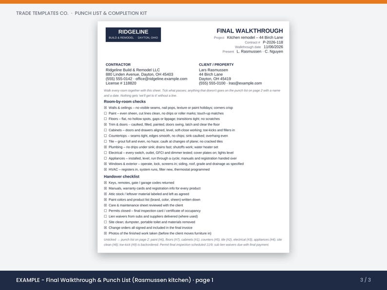 May include: A white document titled Final Walkthrough for a kitchen remodel by Ridgeline Build & Remodel LLC. It includes contractor and client contact details, a room-by-room checklist for paint, floors, and cabinets, and a handover checklist.