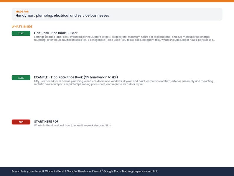 May include: A digital document set for handyman, plumbing, and electrical businesses. Includes a Flat-Rate Price Book Builder, an example price book with 55 tasks, and a Start Here PDF. Files are compatible with Excel, Google Sheets, and Word.