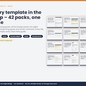 May include: A digital bundle of 42 trade templates including Excel, Google Sheets, Word, Google Docs, and PDF files. The text reads: Every template in the shop &ndash; 42 packs, one price. All the flooring packs, trades packs, job-site and pricing packs, and contracts.