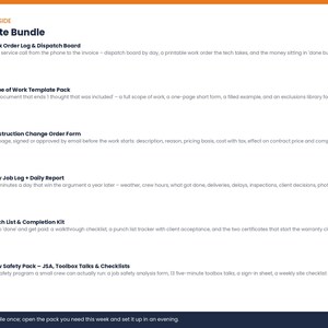 May include: A Job-Site Bundle document listing six components: Work Order Log & Dispatch Board, Scope of Work Template Pack, Construction Change Order Form, Daily Job Log + Daily Report, Punch List & Completion Kit, and Crew Safety Pack.