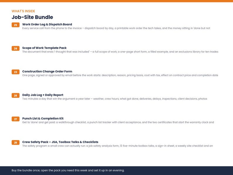 May include: A Job-Site Bundle document listing six components: Work Order Log & Dispatch Board, Scope of Work Template Pack, Construction Change Order Form, Daily Job Log + Daily Report, Punch List & Completion Kit, and Crew Safety Pack.