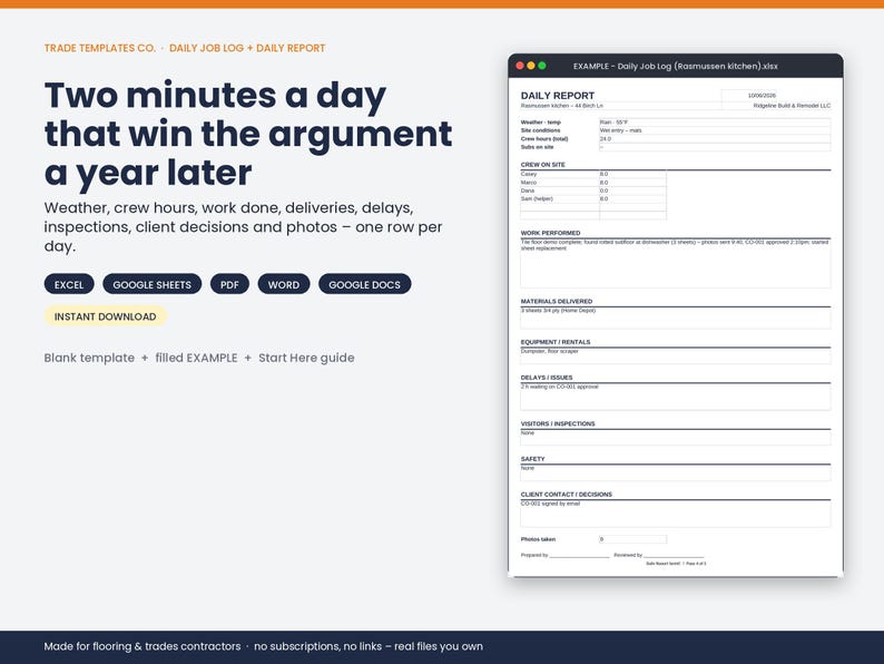 May include: A digital daily job log and report template for contractors. The text reads: Two minutes a day that win the argument a year later. Includes sections for weather, crew hours, work performed, materials, equipment, delays, and inspections.