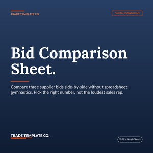 Subunternehmer Angebotsvergleich Tabelle | Unternehmer Bid Sheet Excel + Google Sheets | Side-by-Side Sub-Gebote + Takeoff | Herunterladen