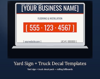 Placa de empreiteira para pátio + modelos de adesivos para caminhão | Canva editável e pronto para impressão | Adesivo magnético para porta traseira | Identidade visual para construção de pisos