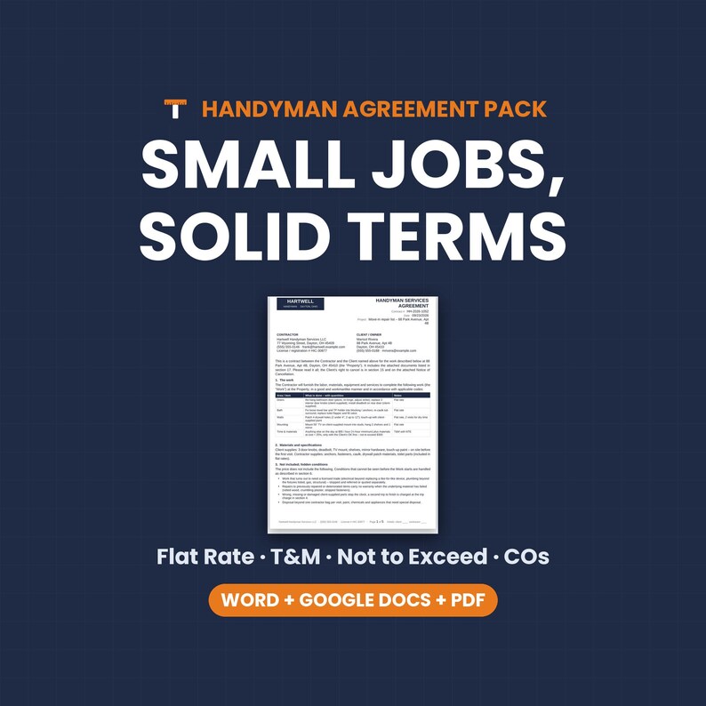 May include: A digital document template titled Handyman Agreement Pack: Small Jobs, Solid Terms. The page displays a formal contract for handyman services with sections for contractor and client details, scope of work, and terms. Includes Word, Google Docs, and PDF formats.
