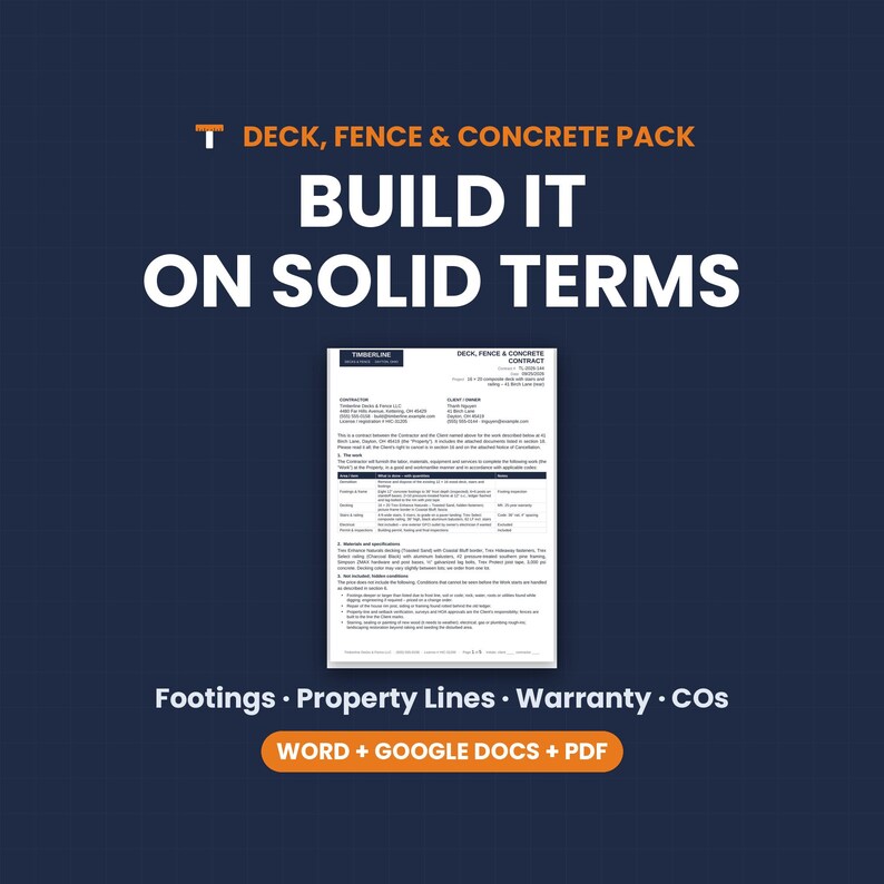 Deck Contract Template, Fence & Concrete Agreement, Deck Builder Contract, Warranty, Word Google Docs PDF image 1
