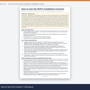 May include: A white document titled How to Use the HVAC Installation Contract from Trade Templates Co. The page contains a legal disclosure box, a list of included items, and numbered instructions for filling out the contract and checking state requirements.