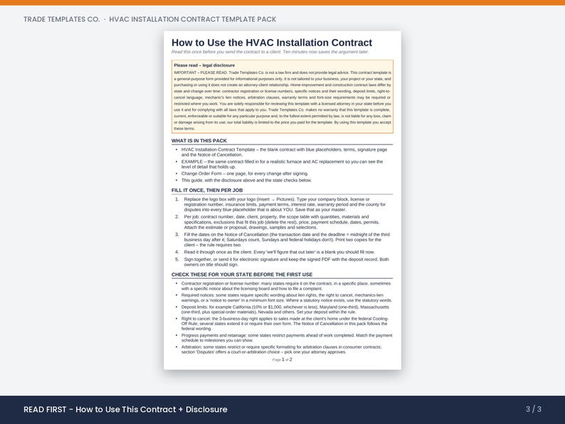 May include: A white document titled How to Use the HVAC Installation Contract from Trade Templates Co. The page contains a legal disclosure box, a list of included items, and numbered instructions for filling out the contract and checking state requirements.