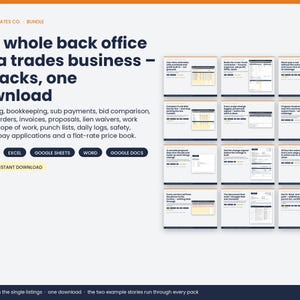 May include: A digital bundle titled The whole back office for a trades business featuring 17 packs in one download. The graphic displays text listing tools for estimating, bookkeeping, and invoices, with 12 small document previews in a grid layout.