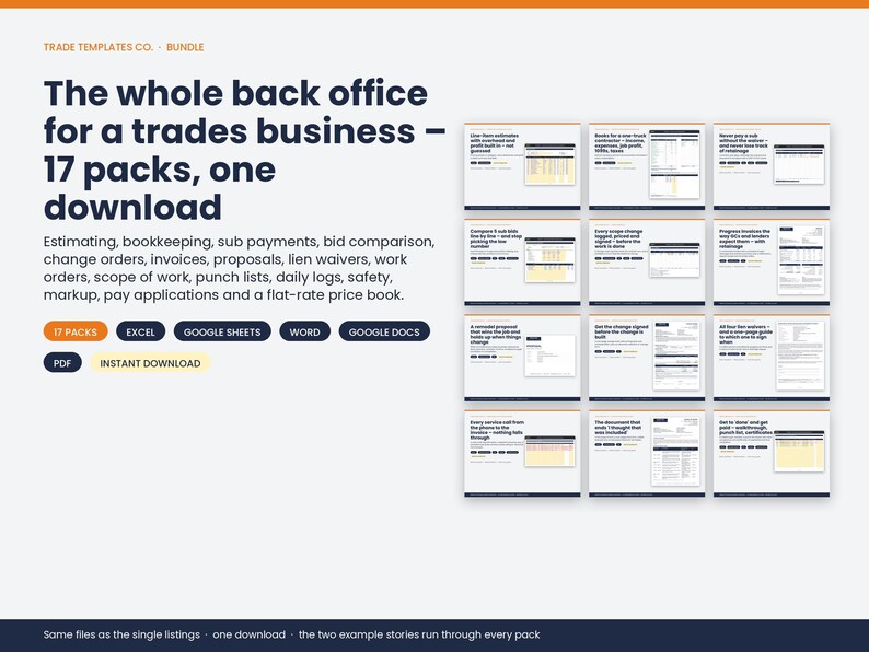 May include: A digital bundle titled The whole back office for a trades business featuring 17 packs in one download. The graphic displays text listing tools for estimating, bookkeeping, and invoices, with 12 small document previews in a grid layout.