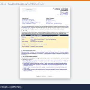 May include: A white document titled Plumbing Services Contract with blue text and a yellow table. It includes sections for contractor and client information, a work description table, materials specifications, and a list of excluded conditions.