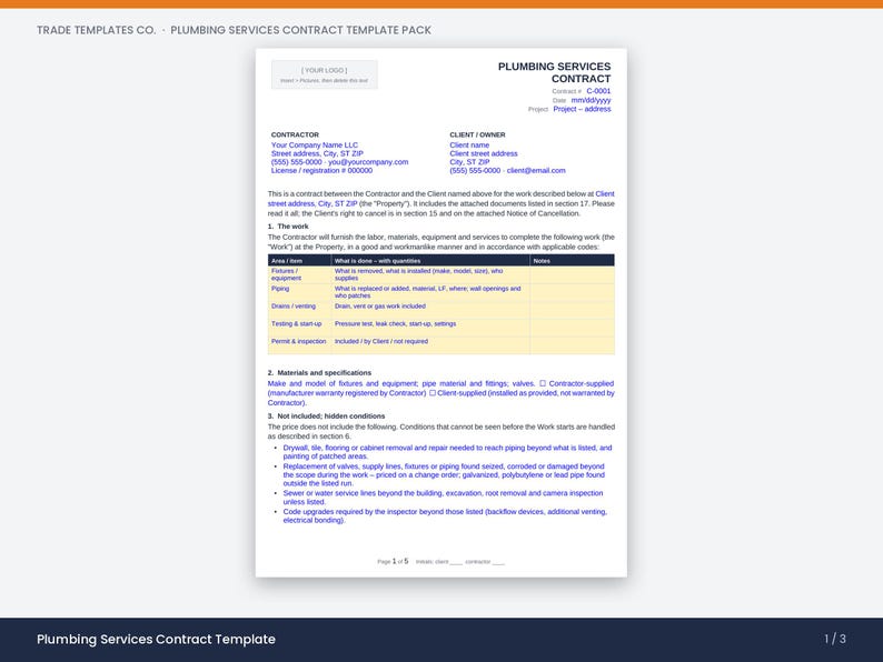 May include: A white document titled Plumbing Services Contract with blue text and a yellow table. It includes sections for contractor and client information, a work description table, materials specifications, and a list of excluded conditions.
